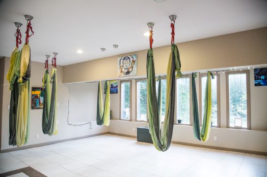 Aerial yoga studio with 5 hammocks hanging from the ceiling. 
